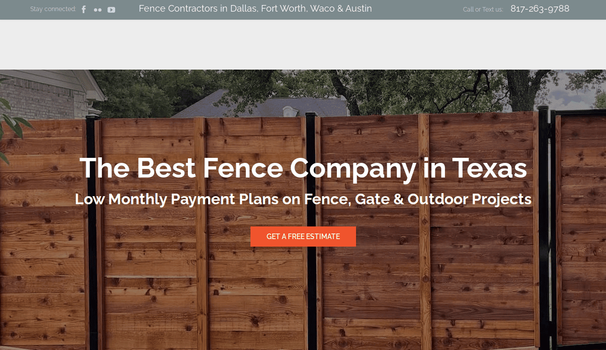 A wooden privacy fence with trees in the background. Overlay text reads: The Best Fence Company in Texas. Low Monthly Payment Plans on Fence, Gate & Outdoor Projects. Visit our Fence Website and click the red Get a Free Estimate button.