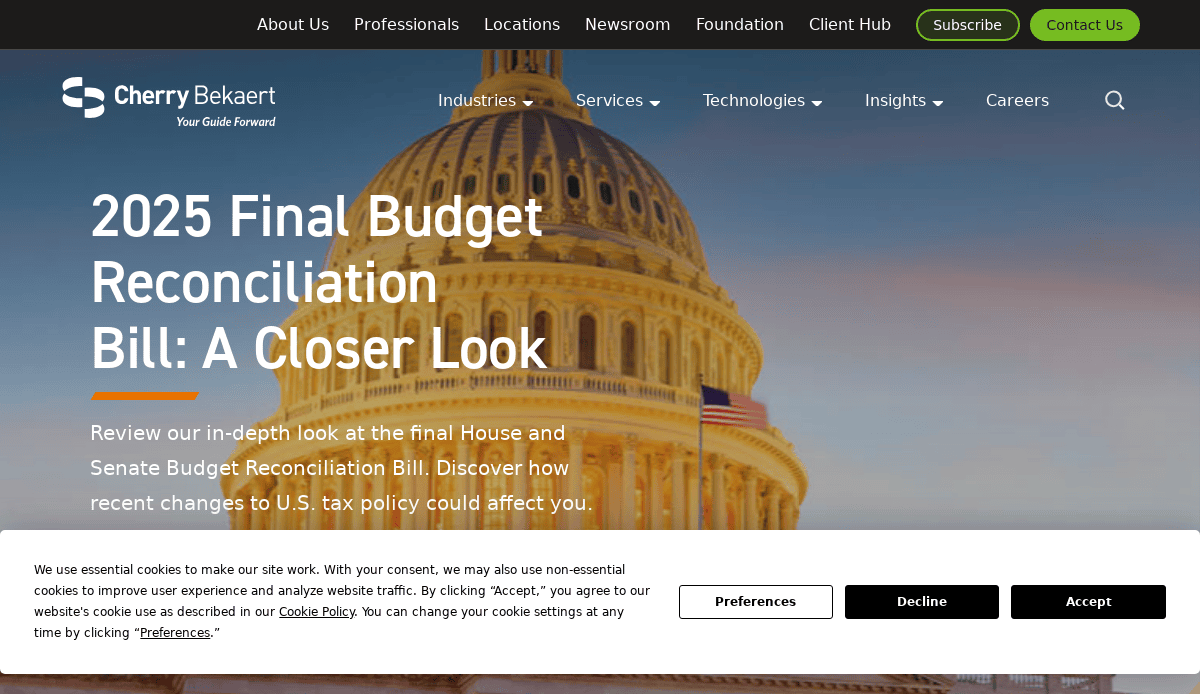 The homepage of Cherry Bekaert, a high-performance CPA website, features the U.S. Capitol dome with text about the 2025 Final Budget Reconciliation Bill and top navigation. A cookie consent banner appears at the bottom.