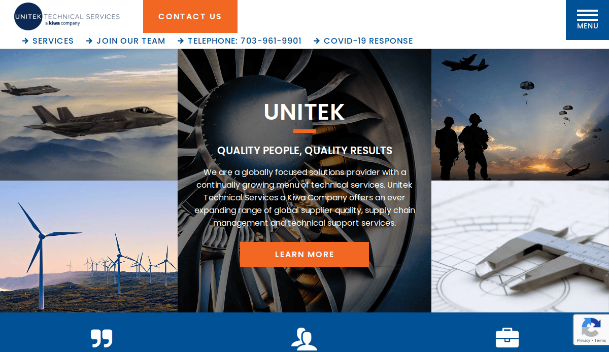 Homepage of Unitek Technical Services featuring military aircraft, silhouetted engineers, and a jet engine. Showcases global technical support and expertise in manufacturing website design. Navigation menu tops the page with a prominent Learn More button.