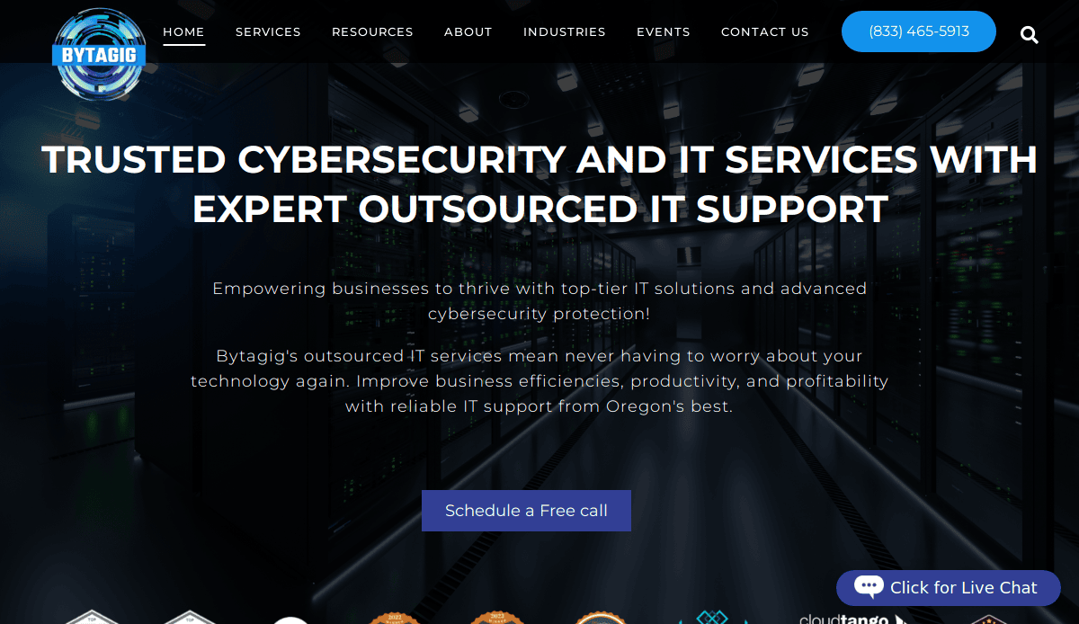Homepage of Bytagig’s website featuring a data center background, the headline “Trusted Cybersecurity and IT Services with Expert Outsourced IT Support,” and a prominent “Schedule a Free Call” button, showcasing their expertise as an MSP.
