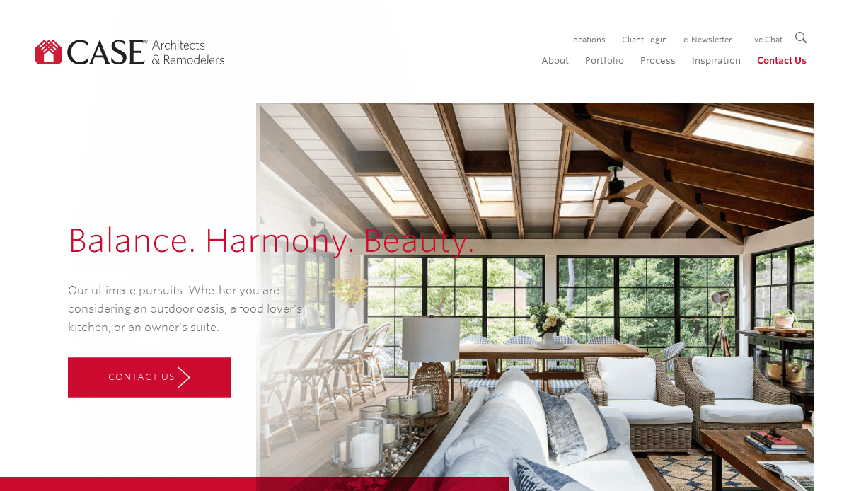 A modern sunroom with wooden beams, large windows, wicker chairs, and a sofa. Natural light and greenery create a cozy atmosphere. Website blueprint navigation and contact info are visible at the top for seamless browsing.