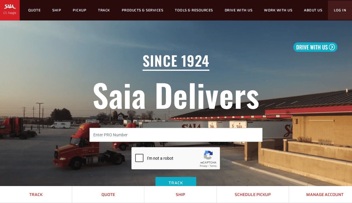 Homepage of Saia, a transportation website, displays Since 1924 Saia Delivers over a background with red Saia trucks and a warehouse. A tracking form is centered, with navigation links meeting key website requirements at the top.