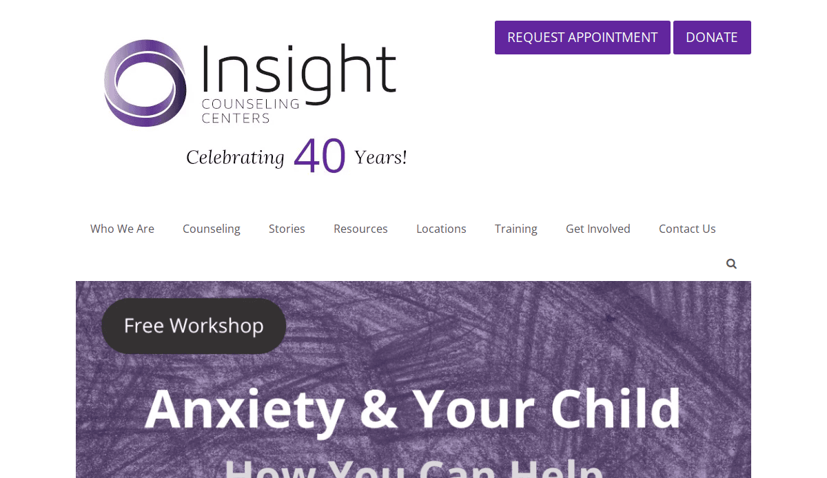 Screenshot of Insight Counseling Centers’ therapist website, featuring their logo, “Celebrating 40 Years!” and navigation menu. A banner advertises a free workshop titled “Anxiety & Your Child: How You Can Help” and highlights their therapy services.