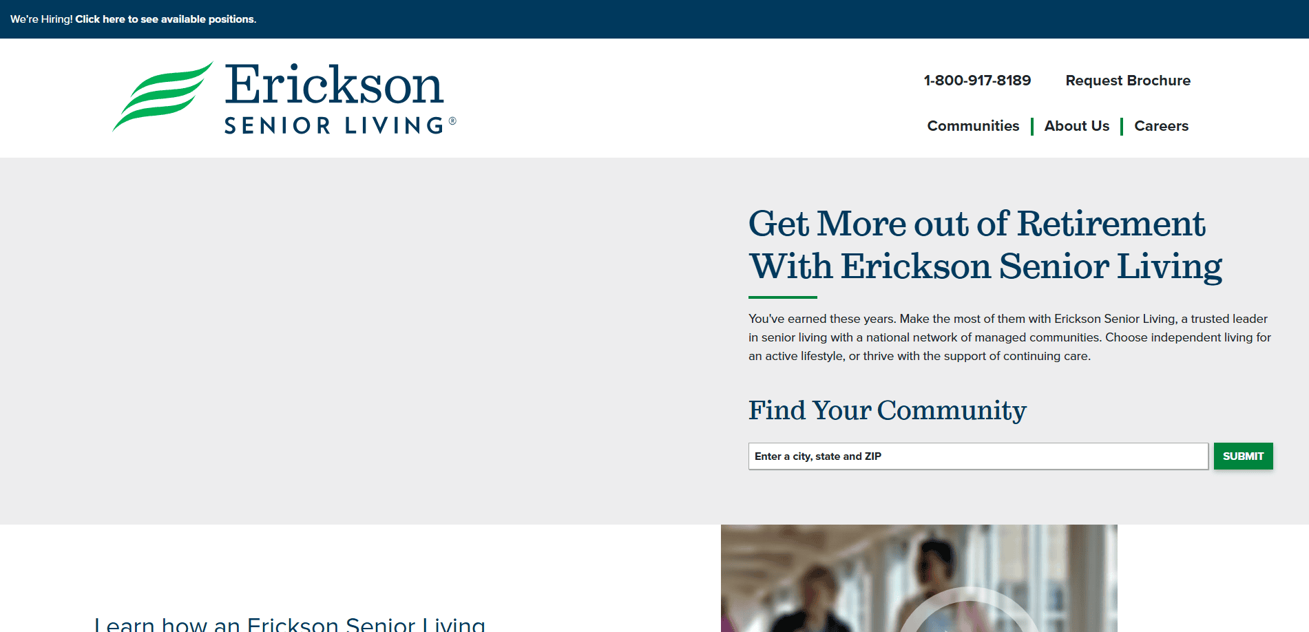 Screenshot of the Erickson Senior Living website homepage, showcasing a modern senior living website design with the company logo, navigation links, a search bar for communities, and a headline about retirement living options.