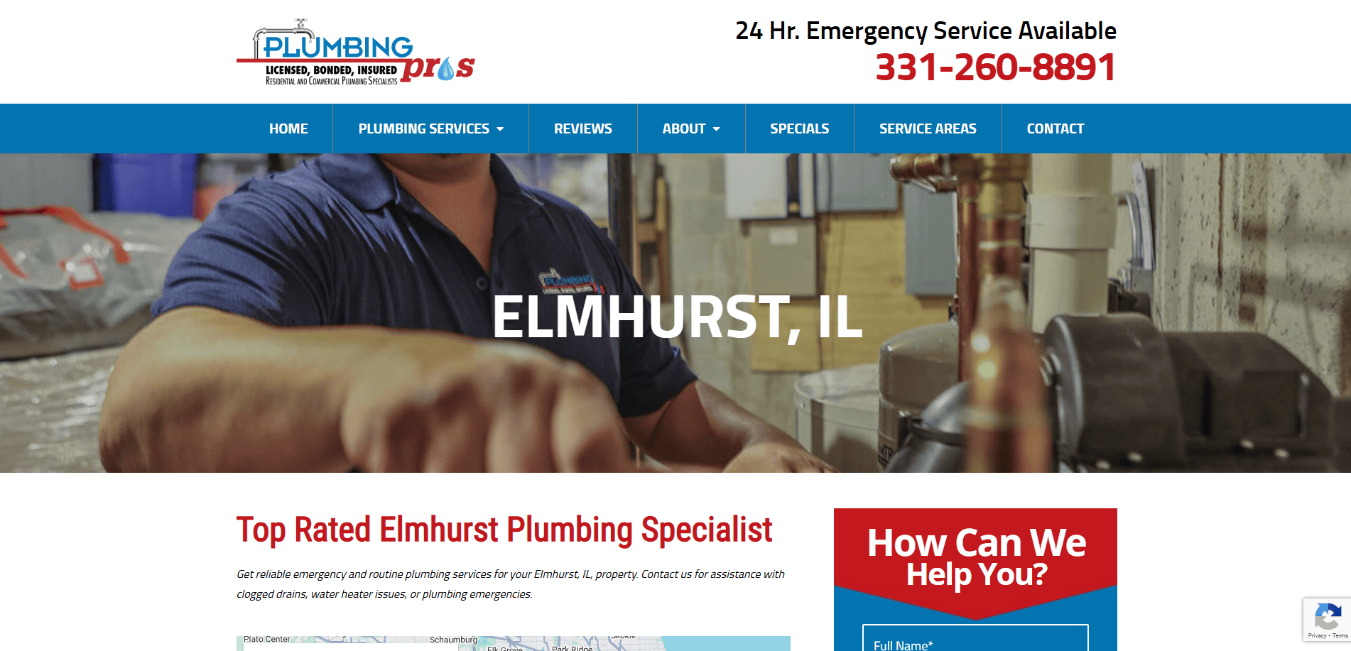 Screenshot of a plumbing service website with a plumber at work, ELMHURST, IL, emergency contact number, and navigation links for services, reviews, and specials—an example of website design for local service companies. Contact form is on the right.