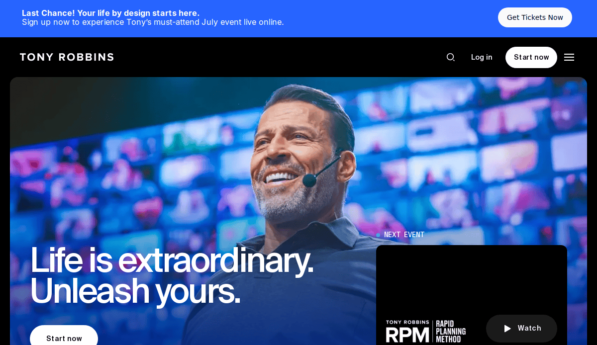 A smiling man with a headset speaks on stage, with a blurred background of video call screens. Text reads: Life is extraordinary. Unleash yours. This life coach website can help you fix losing clients with clear navigation, event info, and call-to-action buttons.
