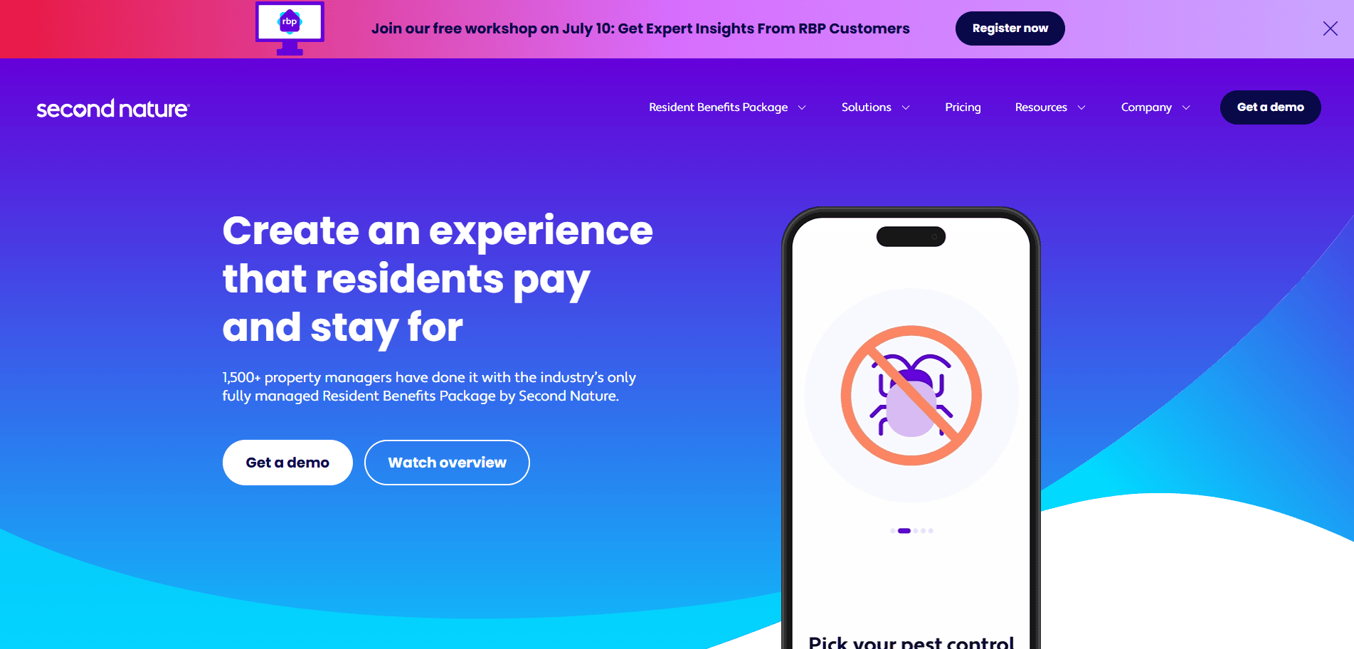 Screenshot of Second Nature’s Property Management website homepage featuring a promo banner for a free workshop, the logo, navigation menu, and main section with text about resident benefits and an illustrated smartphone displaying a pest control icon.