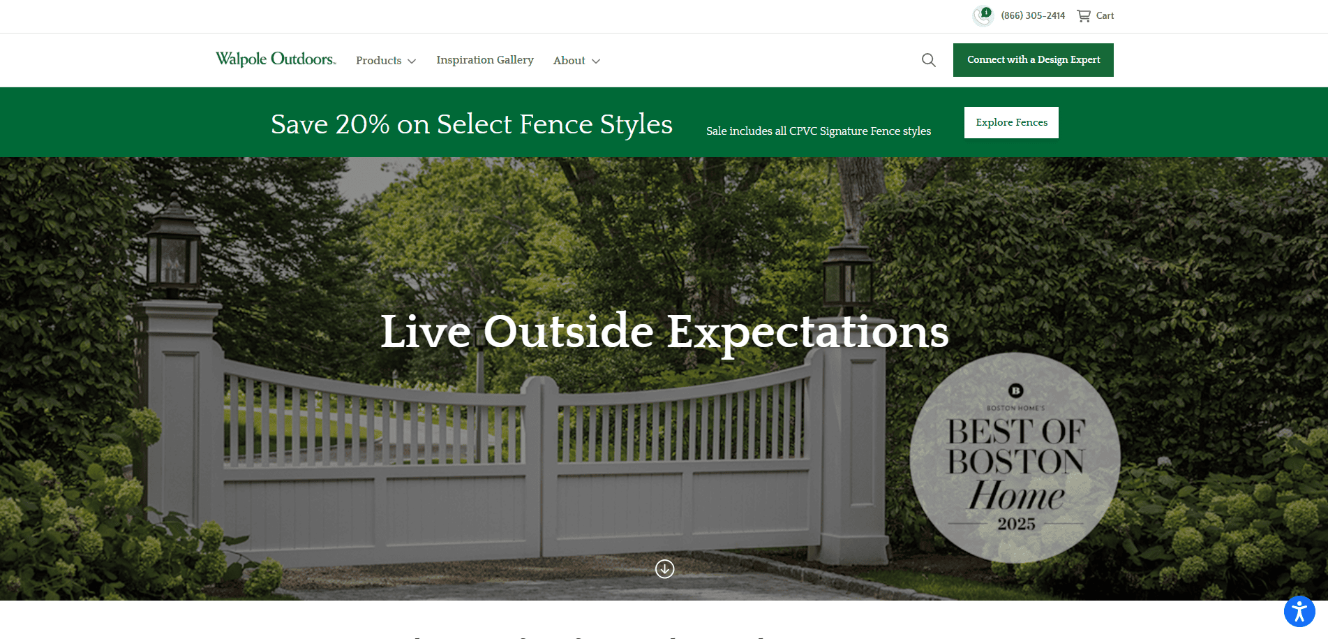 A large white fence with greenery on both sides is featured on Walpole Outdoors’ Fence Service Website. A banner advertises “Save 20% on Select Fence Styles” and a circular badge reads “Best of Boston Home 2023.”.