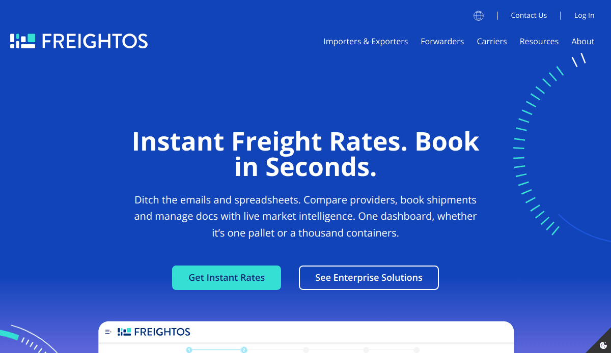 Screenshot of the Freightos homepage highlighting modern logistics site design with a blue background, white text promoting instant freight rates, and clear buttons—Get Instant Rates and See Enterprise Solutions. Navigation links boost their online presence at the top.