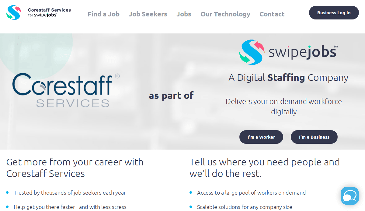 Screenshot of the Corestaff Services and swipejobs recruitment agency website, highlighting Corestaff as part of swipejobs, a digital staffing company, with modern website design offering options for workers or businesses and menu links at the top.