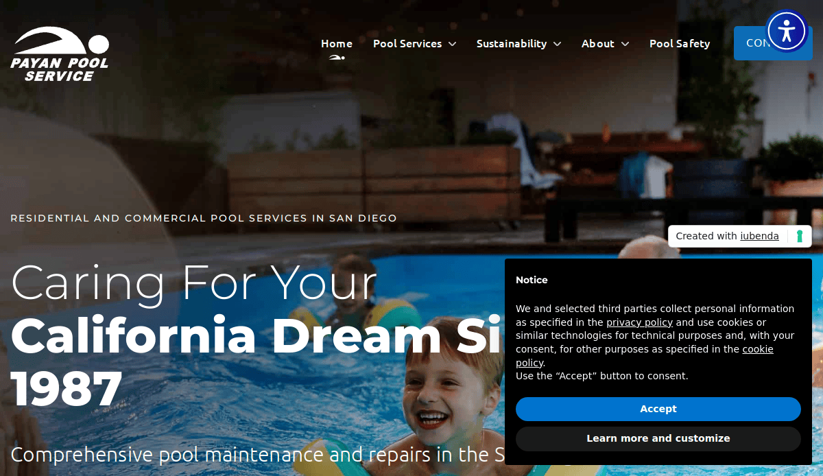 Website homepage for Payan Pool Service, a leading pool service website, shows children playing in a swimming pool. Overlay includes a consent notice pop-up and accessibility icon, with the header menu and service details clearly visible.