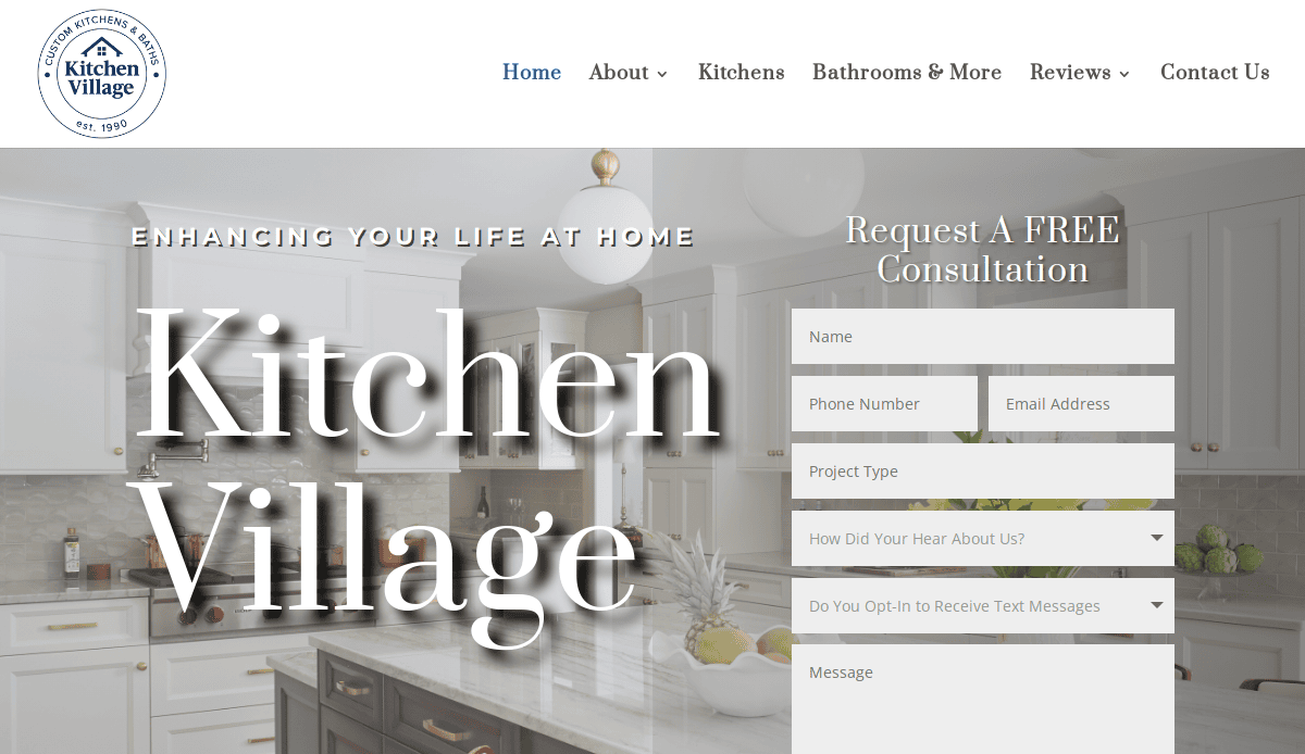Website homepage for Kitchen Village featuring a bright, modern kitchen with white cabinets and a form on the right to request a free consultation. This kitchen remodeling website includes a menu bar with Home, About, Kitchens, Bathrooms & More, and Reviews.