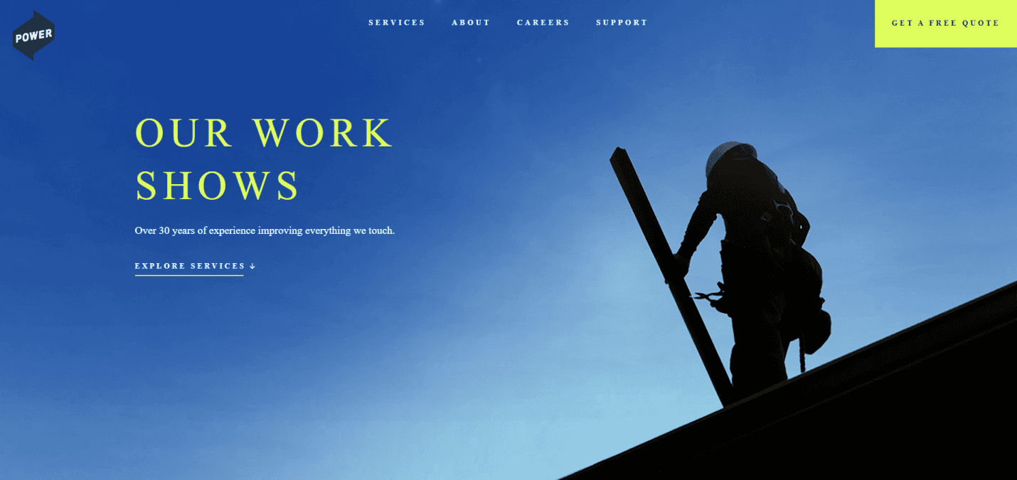 Silhouette of a construction worker installing or carrying a wooden plank on a roof against a blue sky; text overlay reads Our Work Shows, inspired by our website blueprint, with navigation and a Get a Free Quote button.