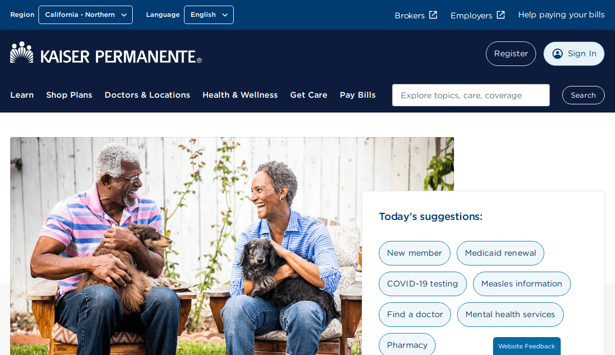 An older couple sits outdoors smiling and holding dogs and a cat. The Kaiser Permanente website header and a suggestions box are visible, reflecting patient trust through thoughtful healthcare website design.