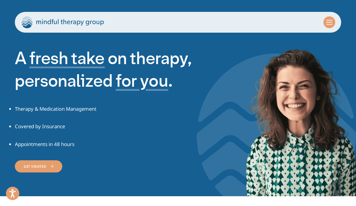 A smiling woman stands on the right, with text on the left reading, A fresh take on therapy services, personalized for you. Bulleted benefits and a Get Started button appear below, on a blue background for Mindful Therapy Group.