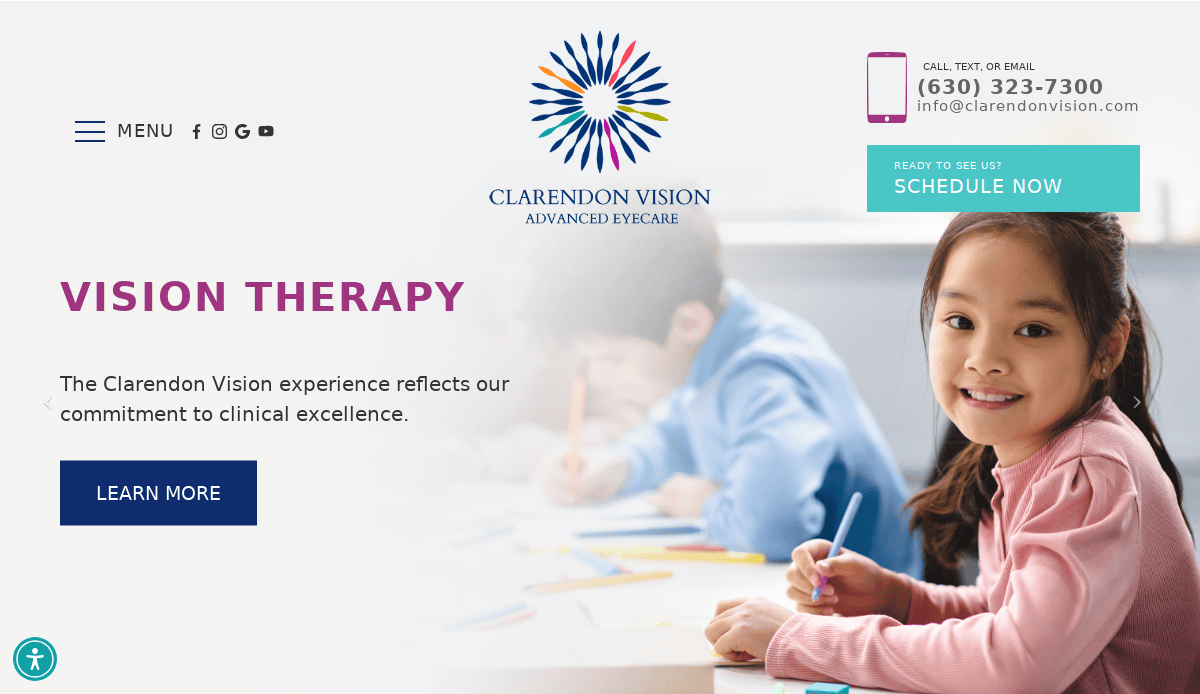 A smiling young girl sits at a table in a classroom. The background shows children working. The text promotes Clarendon Vision Advanced Eyecare and vision therapy, highlighting our high-converting website and easy scheduling for local service companies.