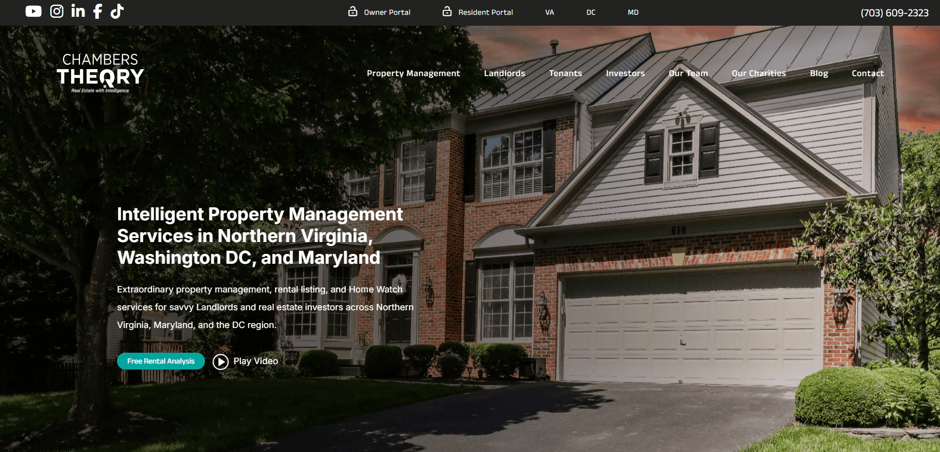 A modern two-story brick house with large windows and a double garage, surrounded by greenery, is showcased on the Chambers Theory Property Management Website homepage. Text overlays highlight their real estate services in VA, DC, and MD.