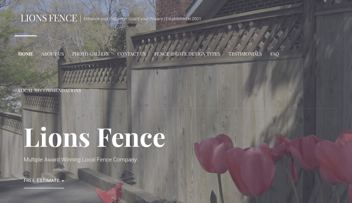 A wooden privacy fence lines a residential property with pink tulips blooming in the foreground. The Fence Website header reads “Lions Fence,” with navigation links and company details overlaid on the image.