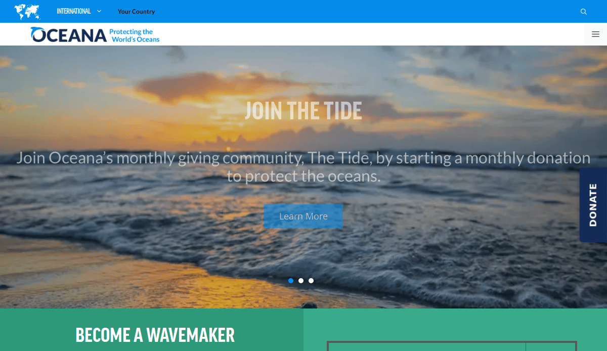 A website homepage for Oceana features a beach sunset with waves and clouds, using sustainable web design to invite users to join The Tide—its monthly giving program to protect oceans. A blue Donate tab appears on the right.
