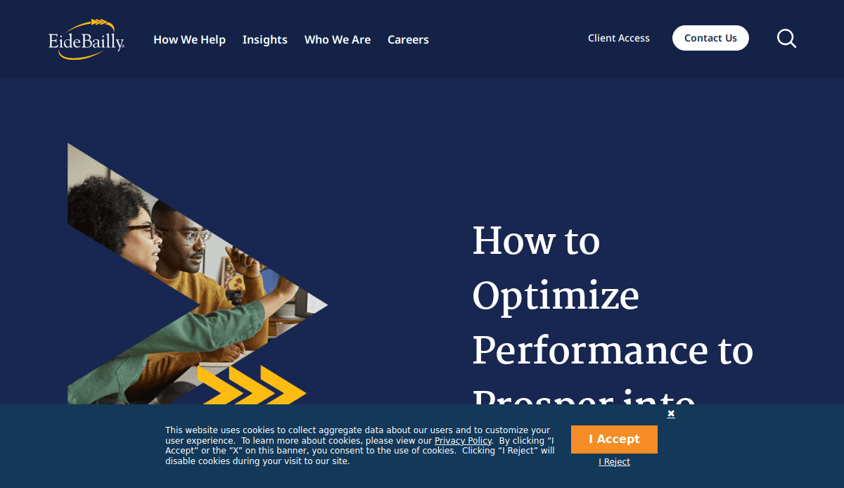 Eide Bailly CPA website homepage features a dark blue background, people working together on the left, and white text on the right that says How to Optimize Performance to Prosper into high-performance. Cookie consent banner at the bottom.