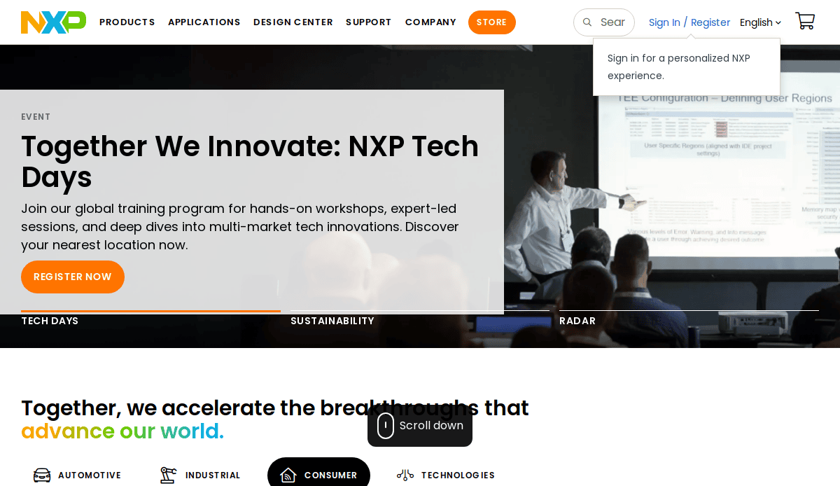 A website homepage for NXP features a banner about NXP Tech Days with a presenter gesturing at a screen to an audience. Showcasing clean manufacturing website design, it includes menu options, a register button, sign-in prompt, and categories like automotive and consumer.