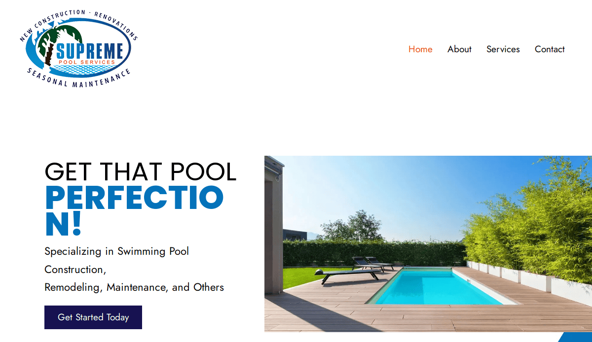 A modern backyard pool with clear blue water, wooden deck, lounge chairs, and lush greenery. Supreme Pool Services offers expert pool construction, renovations, and maintenance. Explore our pool service website—Get Started Today!.