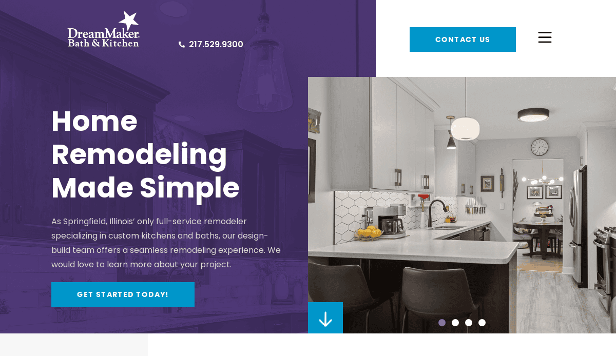A website homepage for DreamMaker Bath & Kitchen featuring modern kitchen remodeling, headline Home Remodeling Made Simple, company logo, contact info, and a blue Website Design button that says Get Started Today! on a purple overlay.