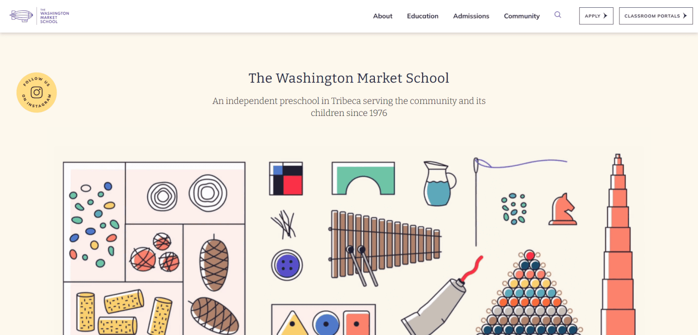 Screenshot of The Washington Market School homepage showcasing modern education website design for 2025, with the logo, user-focused navigation menu, preschool information, and colorful drawings of educational toys and instruments.