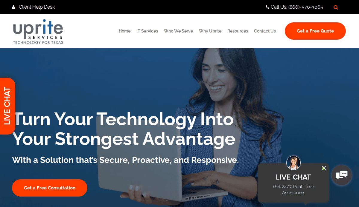 A woman in business attire smiles while using a laptop on a managed service provider website. The header reads “Uprite Services: Technology For Texas,” with navigation links, buttons for a free quote and consultation, and a live chat popup.