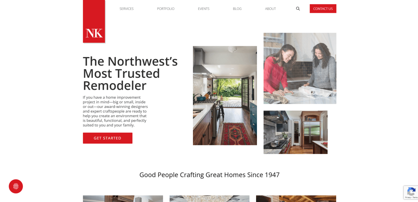 Screenshot of a remodeling company’s homepage with text reading “The Northwest’s Most Trusted Remodeler,” images of home interiors, and two women reviewing design plans at a table. A red “Get Started” button highlights their Kitchen Portfolio.