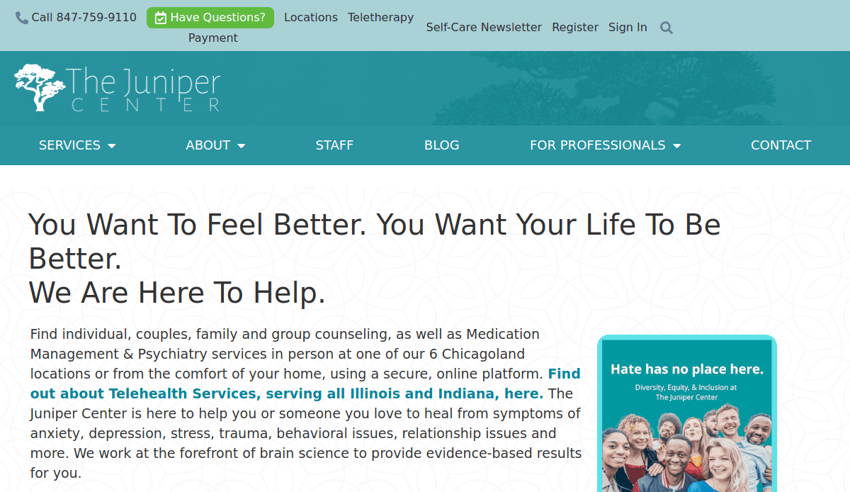 Screenshot of The Juniper Center therapist website, featuring mental health support services. Text offers counseling and telehealth therapy, with a green bar at the top for contact and a blue sidebar image promoting inclusion.