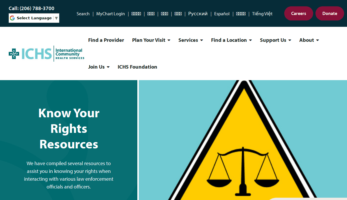 ICHS website homepage with modern website design, a header, navigation menu, and a large warning sign featuring the scales of justice. Text reads, “Know Your Rights Resources,” with a description about legal rights and senior living information.