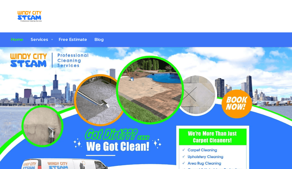 Website homepage for Windy City Steam highlights cleaning service options, circular images, a city skyline, and bold Got Dirt??? ... We Got Clean! text. Designed as a high-converting website for local service companies with service details in a sidebar.