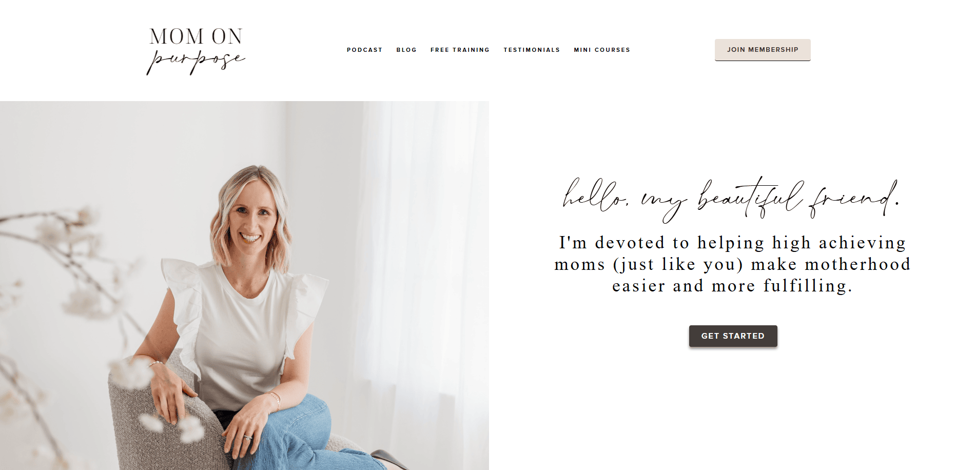A smiling woman with blonde hair sits in a bright, minimal room. The text reads Mom On Purpose, introducing a life coach website devoted to helping moms make motherhood easier and more fulfilling, with a Get Started button.
