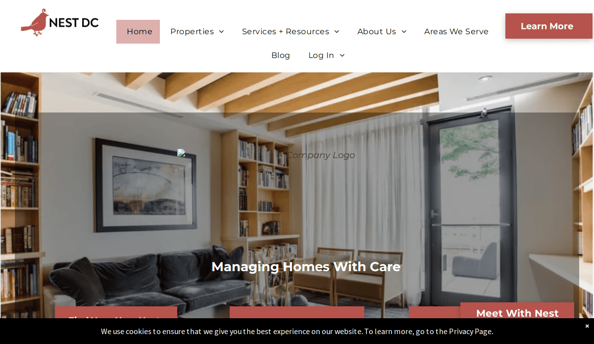 Screenshot of the NEST DC property management website homepage, featuring a modern living room with bookshelves, gray sofa, large window, and wood ceiling beams. The top navigation menu and a Learn More button highlight sleek website design.