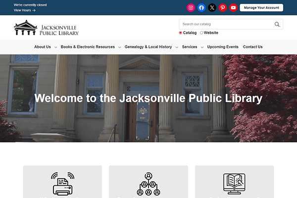 Screenshot of the Jacksonville Public Library website homepage, featuring a navigation menu, search bar, welcome message, and icons for social media and account management. The background shows the library building entrance.