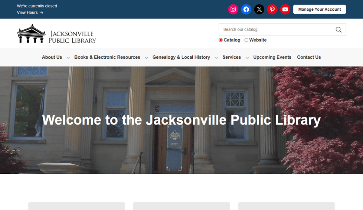 Screenshot of the Jacksonville Public Library website homepage, featuring library resources, upcoming events, a craft workshop announcement, navigation menus, and links to social media and library information.
