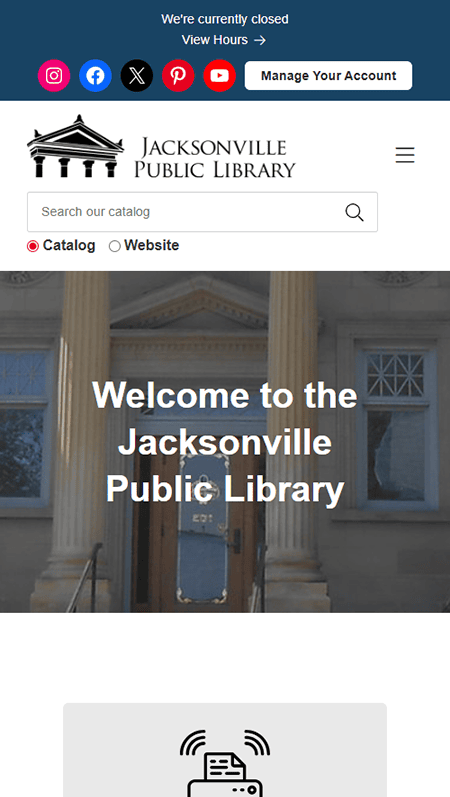 A library website homepage showing the Joplin Public Library logo, a search bar, navigation menu, and sections for writing, genealogy, and military resources. Lower down are event highlights, a calendar, and contact details in the footer.