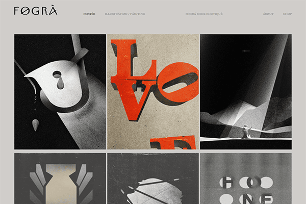 A minimalist website displaying a grid of abstract and typographic art posters, with a light gray background and a simple menu at the top labeled Fögra.