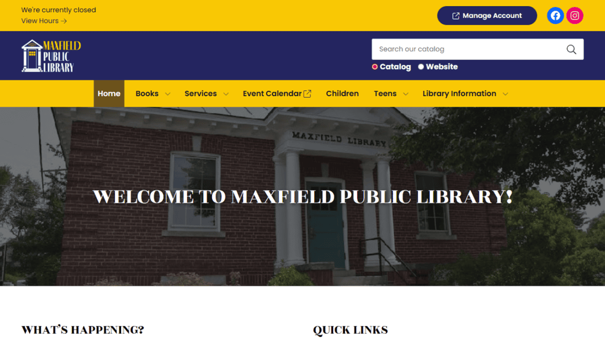 Screenshot of the Maxfield Public Library homepage featuring its banner, navigation menu, welcome message, event and book group listings, quick links, contact info, hours, and a bright yellow “View Closings” button at the bottom.