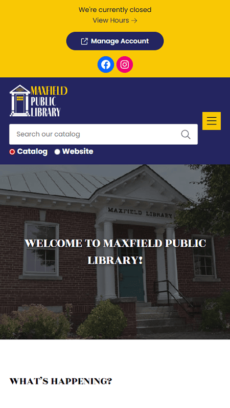 Screenshot of Mayfield Library’s website homepage featuring the library’s logo, search bar, illustrated event announcement, quick links to resources, contact info, and opening hours—similar to the Maxfield Public Library style—with a navy blue and yellow background.