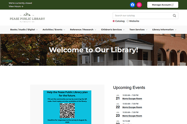 Screenshot of the Pease Public Library website homepage displaying a welcome message, navigation menu, event list, a QR code survey box, and a banner noting the public library’s current closed status.