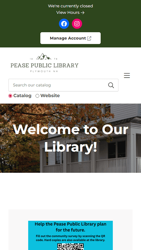 Screenshot of Wallkill Public Library’s homepage, inspired by Pease Public Library, featuring a summer reading QR code, upcoming events, service icons (card catalog, e-books), Library of Things, recent posts, and contact details in a green-themed layout.