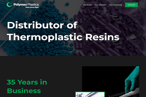 Screenshot of the Polymax Plastics website homepage, featuring blue and purple thermoplastic resin pellets, with the text Distributor of Thermoplastic Resins and 35 Years in Business—highlighting their expertise as a leading plastic manufacturer.