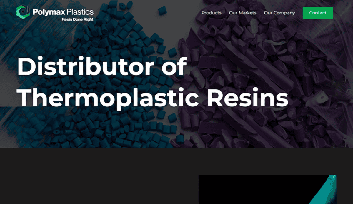 Screenshot of the Polymax Plastics website homepage featuring sections on thermoplastic resins, 35 years in business, resin types offered, company info, and contact details. Green, black, and white design with resin images highlights Polymax’s expertise in plastics.