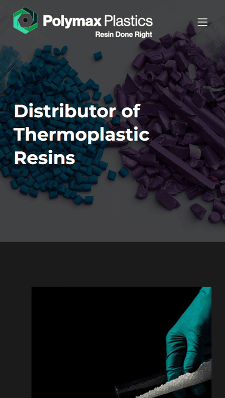 A website for Polymax Plastics, a leading plastic manufacturer, featuring sections about their resin distribution services, PET and other plastics, 38 years in business, company values, and contact info with a dark-themed color scheme.
