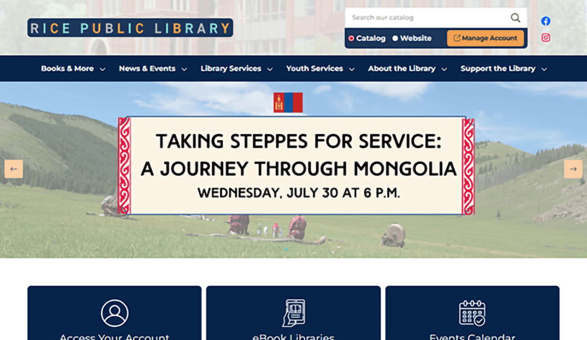 Rice Public Library homepage featuring navigation menus, a Mongolia-themed event banner, service icons for Rice Public Library resources, digital library access, contact information, and quick links on a blue background.