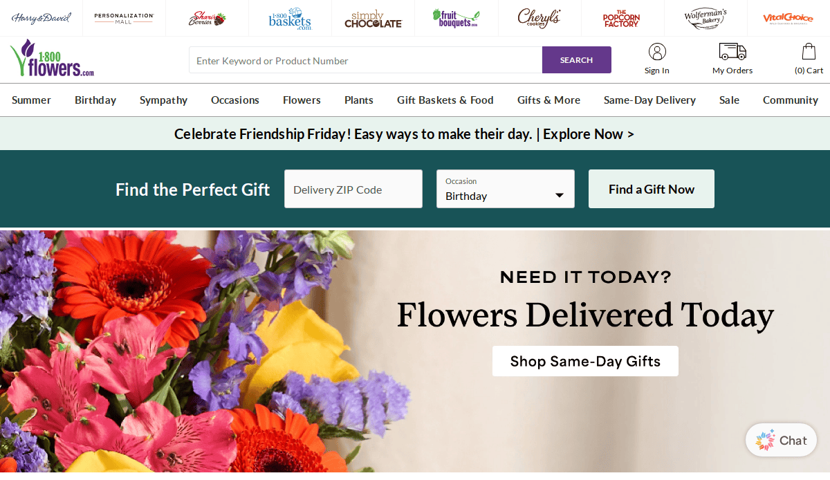 Screenshot of the 1-800-Flowers website homepage featuring a colorful bouquet on the left, a search bar for finding gifts, navigation menu, and a banner promoting same-day flower delivery.