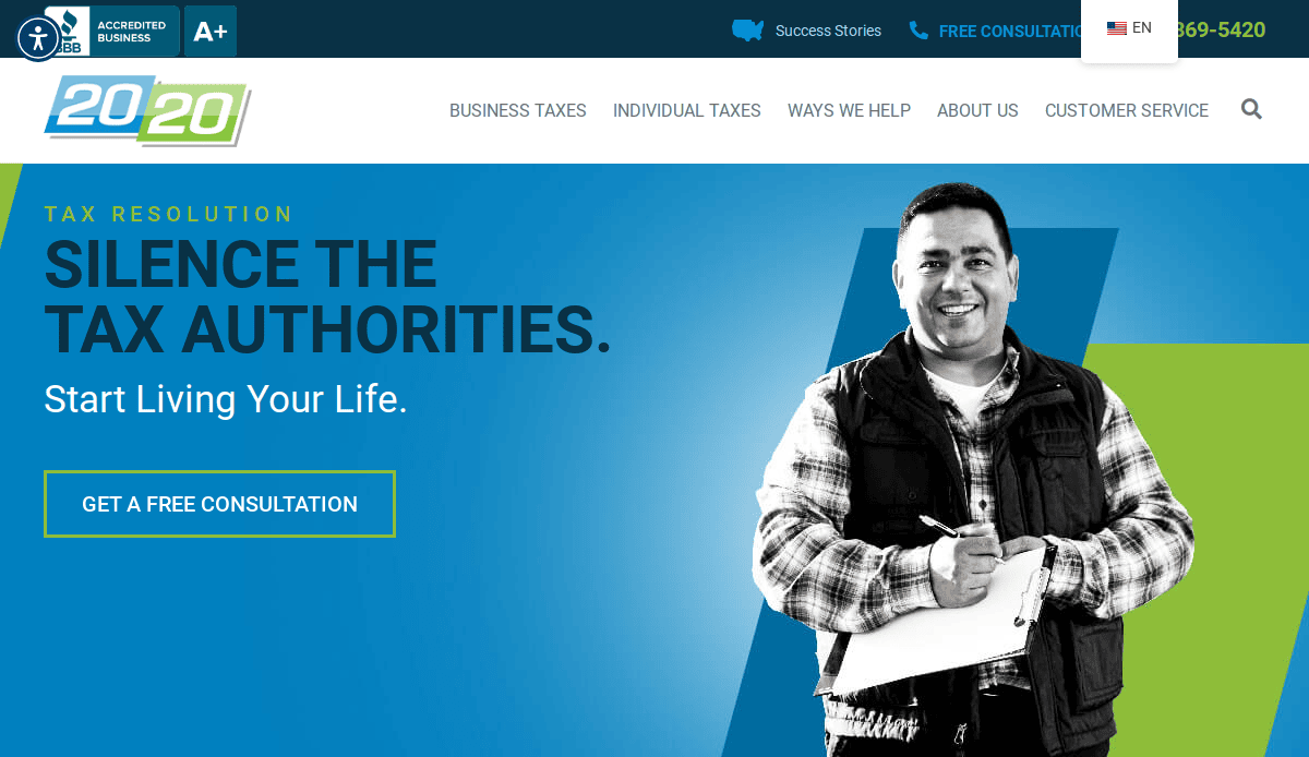 A man in a plaid shirt smiles while holding a clipboard against a blue background. Text reads: “Tax Resolution. Silence the Tax Authorities. Start Living Your Life.” A button below says, “Get a Free Consultation.”.