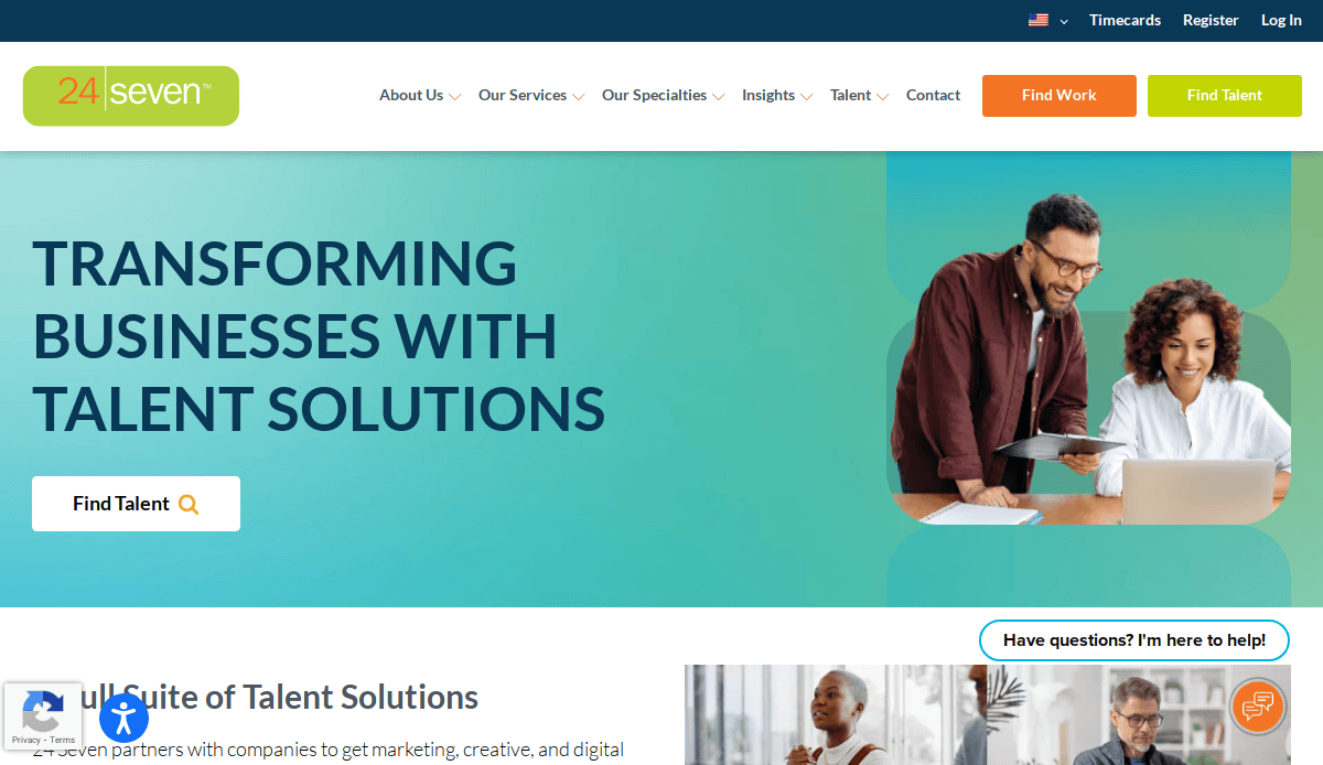 Screenshot of the 24 Seven website homepage showing a banner with “Transforming Businesses with Talent Solutions,” two people smiling at a laptop, and navigation options like Find Work and Find Talent.
